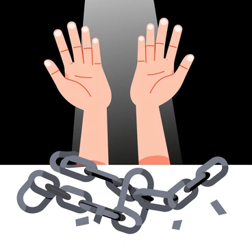 A pair of human hands is emerging from dark, heavy chains that are shattered on the ground. The hands are positioned with fingers outstretched, expressing freedom and strength. Light is shining down on the hands, emphasizing their release from the chains. The background features a subtle gradient from dark to light, symbolizing the transition from oppression to liberation. The chains are depicted in a metallic gray color, with some broken links visibly laying on the surface.