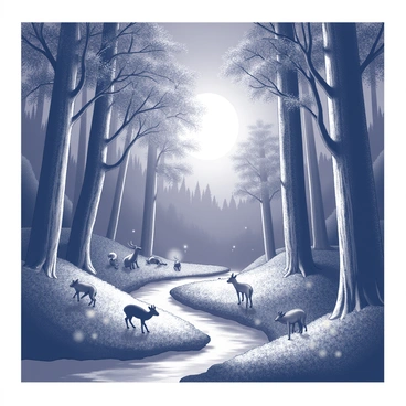 A forest scene transitioning from a sunny day with animals playing to a moonlit night with glowing fireflies