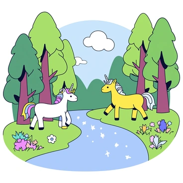 A fairy tale forest with tall, lush green trees and vibrant foliage. In the center of the scene, there are two unicorns, one with a white coat and a flowing rainbow mane, and the other with a golden coat and a silver mane. They are gracefully standing beside a sparkling stream that flows gently through the forest. The water has a shimmering effect, reflecting the sunlight. On the banks of the stream, there are colorful wildflowers and soft, green grass. Light filters through the leaves, creating patches of illumination on the ground.