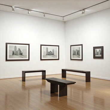 A sophisticated art gallery with high white walls and polished wooden flooring. Several framed 1/16 illustration boards are displayed prominently throughout the space. The frames are sleek and modern, enhancing the visual appeal of the illustrations within. Soft, focused lighting highlights each piece, casting gentle shadows on the walls. A few elegant benches made of dark wood are positioned for viewers to sit and appreciate the artwork. The atmosphere is tranquil, inviting visitors to engage with the displayed illustrations.