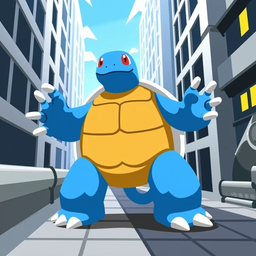 A large Blastoise stands confidently in a futuristic cityscape made entirely of shiny metal and intricate gears. The city features tall buildings with metallic facades and visible gears turning in the structure. Blastoise has its characteristic blue shell and powerful cannons extended, ready for action. The ground is paved with shiny metallic tiles, reflecting the mechanical surroundings. Various pipes and gears run along the edges of the streets, adding to the industrial atmosphere. Bright lights illuminate the scene, casting reflections on Blastoise's shell.