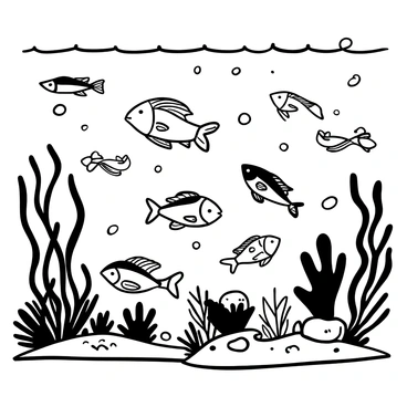 A multitude of fish with various shapes and sizes swimming among detailed aquatic plants, including swaying seaweed and intricate coral formations. Bubbles rise gently from the fish as they navigate through the water. Sunlight filters through the surface, creating patterns on the sandy ocean floor, where a few small sea creatures can be seen nestled among the rocks.