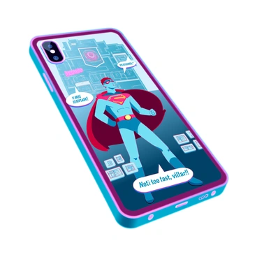 A phone case with a glossy finish displaying a short comic strip featuring a superhero in a vibrant costume. The superhero has a muscular physique and a flowing cape, striking a dynamic pose on the case. The comic panels depict an action-packed scene where the superhero is battling a large, menacing villain in a city landscape. The panels include bold speech bubbles with the words "It's time to save the day!" and "Not so fast, villain!" The colors are bright and eye-catching, with contrasting backgrounds that highlight the characters.