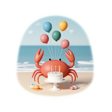 A red crab is positioned in the center of the image, with its claws raised slightly. Surrounding the crab are a variety of colorful balloons, including red, blue, yellow, and green, floating above it. In front of the crab, there is a round birthday cake adorned with white icing and colorful sprinkles. The cake has lit candles on top, and it is placed on a small table. The background features soft sand and gentle ocean waves, with a clear blue sky overhead. There are a few small beach accessories, like a beach ball and a sun hat, scattered around the scene.