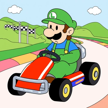 A character resembling Luigi, with bright green overalls, a blue shirt, and a green hat featuring an "L" emblem, sits in a vibrant go-kart. His expression shows determination, with slightly furrowed brows and a focused gaze. The go-kart is small and designed with playful details, including oversized wheels and a shiny front bumper. In the background, a colorful racetrack winds through a cheerful landscape, with striped checkered banners and bright, multicolored track markings. Green hills and fluffy clouds can be seen in the distance, adding to the lively atmosphere of the scene.