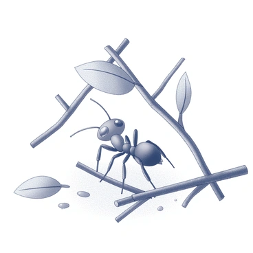 An ant is engaging in construction activities to create a small shelter. The ant is using twigs and leaves as primary materials for the structure. The twigs are arranged in a crisscross pattern, providing a framework for the shelter. Leaves are positioned atop the twigs, acting as a roof to protect the interior. The scene features details of the ant’s body, showcasing its segments and antennae, while the surrounding area includes additional twigs and scattered leaves on the ground.