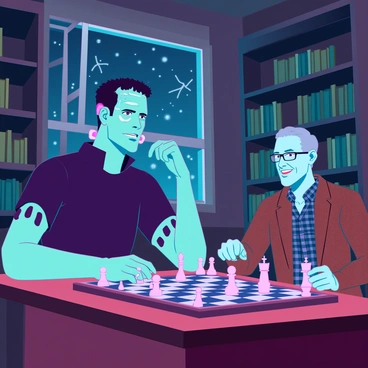 A tall, imposing figure of Frankenstein’s monster, with green skin and visible stitches on his forehead and arms, is seated at a wooden chess table. He has a thoughtful expression, furrowing his brow as he contemplates his next move. Opposite him sits an older man with gray hair and glasses, wearing a brown tweed jacket and a checked shirt. He has a warm smile, holding a chess piece in one hand while the other rests on the table. The chessboard is set between them, with pieces in various positions, indicating a tense game. The room is dimly lit, with bookshelves filled with old books lining the walls, and a window revealing a starry night outside.