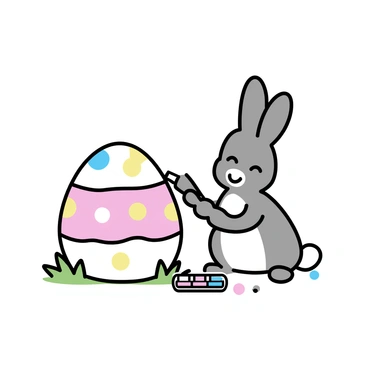 A bunny with soft, fluffy fur, holding a paintbrush in its paw, is painting a giant Easter egg. The egg is large and covered in colorful patterns. The bunny has a look of concentration on its face, its ears perked up as it focuses on adding details to the egg. The scene captures the bunny sitting on a patch of grass with a small palette of vibrant paints beside it, surrounded by a few scattered paint splatters.