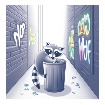A raccoon with a pointed snout and prominent ringed tail is rummaging through a trash can. Its paw is reaching inside, while its eyes are wide with curiosity. The trash can is partially open, showing scraps of food and other debris. The alley is narrow, lined with worn brick walls. Colorful graffiti art adorns the walls, depicting various designs and patterns. Some of the graffiti features bold lines and shapes, creating a dynamic backdrop for the scene. The ground is littered with scattered papers and bits of trash, adding to the urban feel of the setting.