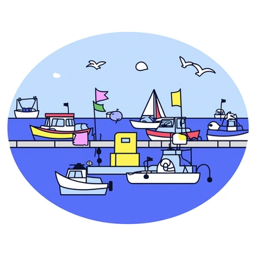 A bustling harbor fuel station with multiple boats waiting in line for refueling. The fuel station has a bright yellow fuel pump positioned on a floating platform. Various boats, including a small fishing boat, a sleek sailboat, and a motorboat, are docked at the station, eager to refuel. The water is a deep blue, reflecting the clear sky above. Seagulls can be seen flying overhead, adding to the lively atmosphere. Along the harbor, there are wooden docks and colorful buoys marking the navigation routes.