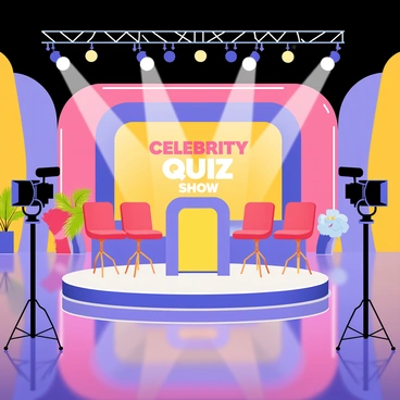 A TV studio set designed for a celebrity quiz show with a vibrant, colorful background. The set features a central podium surrounded by three sleek chairs for the contestants. Multiple large cameras are positioned on tripods, capturing the action from different angles. Bright lights shine down from above, creating an energetic atmosphere. A large, illuminated sign saying "Celebrity Quiz Show" is prominently displayed in the backdrop. Various props and decorative elements add flair to the set, enhancing the excitement of the quiz show.