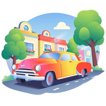 A vintage car with a glossy, brightly colored paint job is parked by the side of a sunny street. The car is a classic model with rounded edges and chrome accents that reflect sunlight. The paint job features vibrant shades of red and yellow, creating a striking appearance. Surrounding the car, there are tall green trees casting dappled shadows on the pavement. In the background, several charming old buildings line the street, their facades adorned with colorful flowers in window boxes. The bright blue sky above is dotted with a few fluffy white clouds.