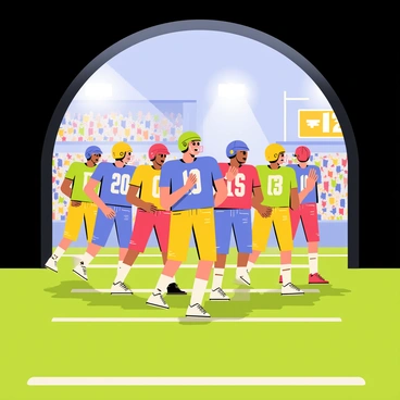 A group of football players in colorful uniforms is emerging from a dark tunnel onto a bright green field. The players are wearing helmets and their jerseys display various team logos and numbers. They are confidently striding forward, with some of them clapping their hands and pumping their fists in the air. Bright stadium lights illuminate the field, casting strong shadows. Fans in the stands are cheering and waving flags, contributing to the energetic atmosphere. A large scoreboard is visible in the background, showing the score of the game.