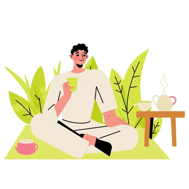 An illustration of a person enjoying a cup of green tea while meditating in a peaceful environment.