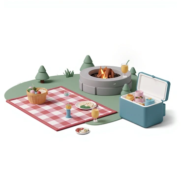 A picnic spread is laid out on a checkered blanket next to a stone fire pit. The blanket features a pattern of red and white squares. Various food items are arranged on the blanket, including a basket filled with sandwiches, a bowl of fresh fruit, and a platter of assorted cheeses and crackers. Several colorful drinks are placed in glasses, with one glass featuring a slice of lemon. The fire pit is neatly arranged with logs and glowing embers, casting a warm glow on the scene. A small cooler sits nearby, partially opened, revealing additional drinks and snacks. The surrounding area has grass and a few trees, suggesting a peaceful outdoor setting.
