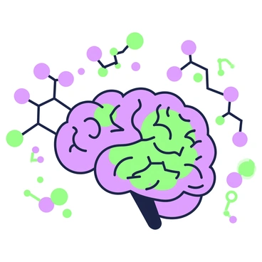 An artistic depiction of chemicals and neurotransmitters swirling around the brain