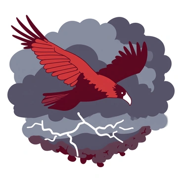 A red California condor is soaring through a turbulent sky filled with dark gray storm clouds. The condor's wings are spread wide, showcasing its impressive wingspan as it skillfully maneuvers through the fierce winds. Below the condor, flashes of lightning illuminate the landscape, adding a dramatic effect to the scene. The strong winds are visibly affecting the condor's feathers, giving them a dynamic appearance as it glides effortlessly in the stormy atmosphere.