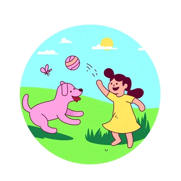 A yellow character with a big smile is playing with a small pink dog in a bright green grassy field. The dog is jumping happily, its tongue out, while the character is throwing a colorful ball for it to chase. Above them, a clear blue sky with a shining sun casts warm light over the scene. Nearby, there are a few butterflies fluttering, adding to the lively atmosphere of the sunny day.