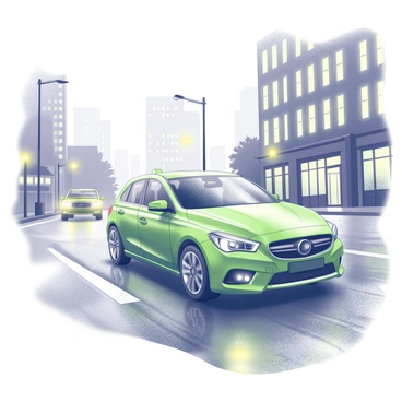 A green car is driving along a city street. The car is sleek and modern, with shiny surfaces reflecting the surrounding environment. The street is wet from recent rain, creating a glistening effect on the pavement. Puddles gather in low areas, mirroring nearby buildings and streetlights. The cityscape features tall buildings with large windows, and some of them have light reflections in the wet ground. The atmosphere conveys the motion of the car as it navigates through the urban landscape.