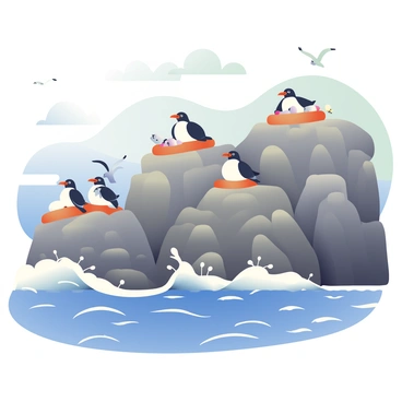 A group of great auks, characterized by their black and white plumage, are nesting on rocky cliffs overlooking the sea. The cliffs are rugged with various shades of gray and brown, showing the texture of the rocks. Below, the ocean waves are crashing against the base of the cliffs, creating white foam as they collide with the rocks. The sky is a mix of soft blues and whites, suggesting a clear day. The great auks are positioned among their nests, with some sitting on eggs, while others are standing watch. Seagulls can be seen flying overhead, adding to the coastal scene.