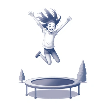 A girl is mid-air, jumping on a trampoline. Her hair is flowing upward and outward, caught in the breeze, creating a sense of movement. She wears a bright smile, radiating happiness. Her arms are raised above her head, and her body is bent slightly at the knees, showcasing the height of her jump. The background features a simple setting, perhaps with trees or a garden, enhancing the feeling of being outdoors. The scene captures a moment of pure joy and freedom.