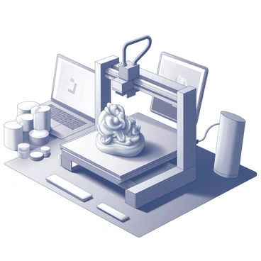 A 3D printer is positioned in a well-organized studio environment. The printer is actively producing a medium-sized abstract sculpture, with intricate shapes and forms emerging layer by layer. Surrounding the printer, there are various tools and materials used for 3D printing, including spools of filament and a laptop displaying the digital design of the sculpture. Soft lighting illuminates the workspace, highlighting the details of the sculpture as it takes shape.