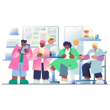 A group of five doctors from various countries is collaborating in a hospital setting. Each doctor is wearing a different colored lab coat, representing their diverse backgrounds. The first doctor has dark skin and is holding a tablet, looking thoughtfully at the screen. The second doctor, with light skin and brown hair, is examining a medical chart. The third doctor, with medium skin and curly black hair, is discussing with the group while pointing at a whiteboard filled with medical diagrams. The fourth doctor, with olive skin and straight black hair, is seated at a round table, taking notes. The fifth doctor has light skin and short blonde hair and is organizing medical supplies on a nearby cart. The hospital room is equipped with medical instruments and monitors, creating a busy and professional atmosphere.