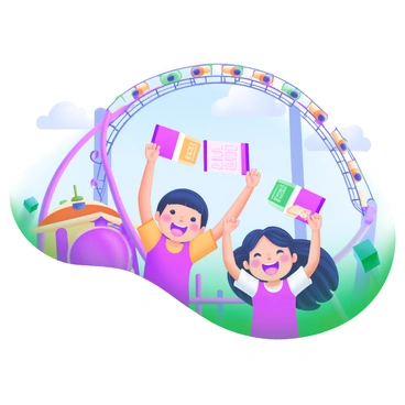 A vibrant scene featuring children excitedly waving their amusement park passes. The children, wearing colorful clothing, are standing in front of a giant roller coaster that towers above them with twisting tracks and bright colors. The background includes a clear blue sky, and the amusement park is bustling with various attractions, including colorful booths and other rides. Their faces are filled with joy and anticipation as they prepare for a day of fun.