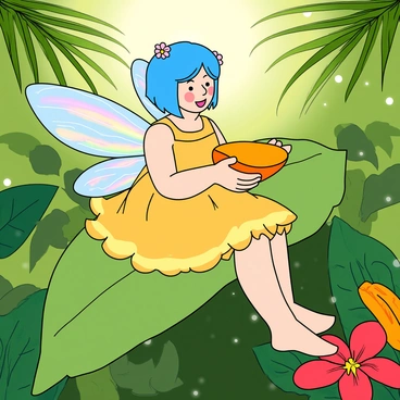 A tiny fairy with iridescent wings sits delicately on a large green mango leaf. She has bright blue hair styled in a playful bob, adorned with tiny flowers. The fairy is holding a small piece of ripe mango in her hands, its vibrant orange flesh glistening in the light. She wears a dress made of soft petals in shades of yellow and green that complement the leaf. Surrounding her is a lush tropical backdrop with vivid green foliage and a few colorful flowers peeking through. The sunlight filters through the leaves, creating a warm and inviting atmosphere around her.