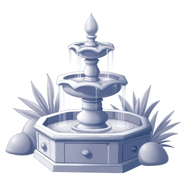 A fountain made of intricate stone carvings. Water gently cascades from the top, creating a serene flow that collects in a shallow basin at the bottom. The surface of the water reflects the soft light of dawn, with tiny droplets of dew glistening on the fountain’s edges. Surrounding the fountain are lush plants, some with leaves catching the early morning light, adding texture to the scene. The atmosphere suggests a peaceful start to the day.