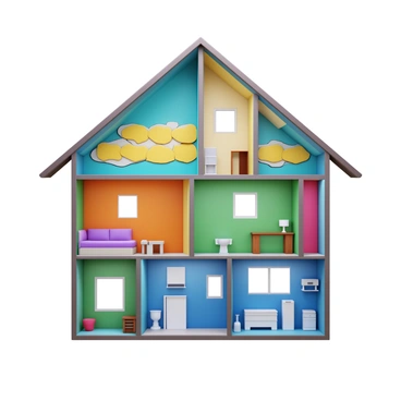 A cutaway view of a house revealing the interior layout. The walls are exposed to show layers of thermal insulation material in different colors. These layers include foam board insulation and fiberglass batts, clearly depicted within the framing of the walls. The structure of the house includes windows and doors, highlighting where insulation is placed around these openings. There are also sections showing the different rooms like living room, kitchen, and bathroom, with the insulation integrated into the wall designs. The overall depiction emphasizes the energy efficiency features of the house.