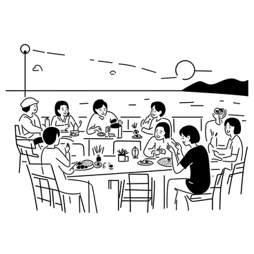 An outdoor Greek taverna is set by the sea, with wooden tables and chairs arranged for dining. Several guests are sitting at the tables, enjoying traditional dishes such as grilled fish, olives, and bread. Some guests are laughing and chatting, while others are savoring their meals. The sea stretches out in the background, with gentle waves lapping against the shore. In the sky, a beautiful sunset is unfolding, with rays of light casting shadows on the taverna. The atmosphere is vibrant with the presence of potted plants and candles on the tables.