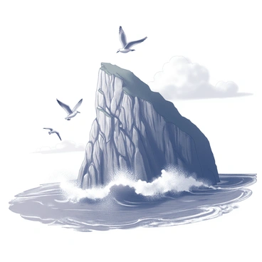 A steep seaside cliff rises sharply from the ocean. The rugged rock face is jagged and textured, showcasing the power of erosion. Below, large waves crash violently against the base of the cliff, sending white foam splashing into the air. Above, several seagulls are flying; their wings are outstretched and they are gliding gracefully against a backdrop of a cloudy sky. The scene captures the dynamic interaction between land and sea, emphasizing the dramatic elements of nature.