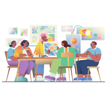 A group of five students is gathered around a large wooden table in an art classroom. The students include two young women and three young men, each engaged in different illustration techniques. One woman with curly hair is sketching with charcoal on a piece of white paper, while another student with glasses is using colored pencils to add detail to a vibrant drawing. The other three students are discussing their artworks, with one man holding up a bright watercolor painting. The walls of the classroom are adorned with colorful artwork, featuring various styles and mediums, creating a lively and inspiring environment. There are easels set up around the room, and art supplies like brushes and paint tubes are scattered across the table.