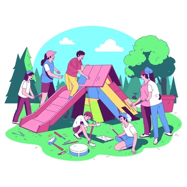 A group of people, including men, women, and children, are gathered in a community park, collaborating to construct a playground for children. Some adults are hammering wooden planks together, while others are painting colorful structures in vibrant shades. Children are playing nearby, climbing on an unassembled section of a slide and laughing with excitement. The scene is filled with tools such as hammers and screws scattered on the grass, and a blue sky provides a bright backdrop to this community effort.