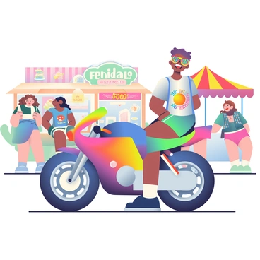 A vibrant festival scene is depicted with colorful decorations and people enjoying the festivities. In the foreground, there is a parked motorcycle, shiny and sleek, with a vivid paint job featuring a mix of bright colors. Next to the motorcycle stands a rider wearing funky, oversized glasses that are multi-colored and patterned. The rider has short hair and is wearing a casual outfit consisting of a graphic t-shirt and denim shorts. Around them, festival-goers are dancing and laughing, and there are food stalls in the background with various colorful banners and canopies. The atmosphere is lively and filled with excitement.