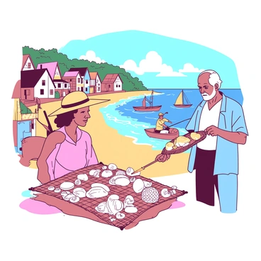 A seaside village is depicted with quaint, colorful cottages lining a sandy shore. In the foreground, a group of residents is engaged in a bustling marketplace. One resident, a woman wearing a straw hat, is displaying a collection of "seashells" on a woven mat spread out in front of her. Another resident, an elderly man, is holding a beautifully "woven mat" and pointing to the shells. In the background, gentle waves lap at the shore, and fishermen can be seen in small boats casting their nets. The sky above is clear with a few fluffy clouds drifting lazily.