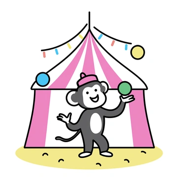 A cartoon monkey with a cheerful expression, wearing a small red hat, is juggling three colorful balls. The balls are bright blue, green, and yellow. The monkey is positioned in the center of a circus tent, with red and white stripes forming the backdrop. The ground is covered with a golden-brown sawdust. Strings of colorful lights hang from the tent's ceiling, adding to the festive atmosphere.