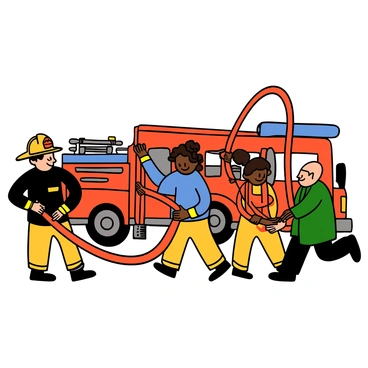 A group of four firefighters with different skin tones working together to unravel a large red fire hose. One firefighter has light skin and short black hair, wearing a yellow helmet and a black uniform. Another firefighter has medium skin and curly hair, dressed in a blue shirt and yellow pants. A third firefighter with dark skin has their hair tied back and is wearing red protective gear, while the last firefighter has light skin and is bald, wearing a green jacket. They are all focused and collaborating, pulling the hose in various directions, showing teamwork and determination. The background is filled with equipment and a fire truck nearby.