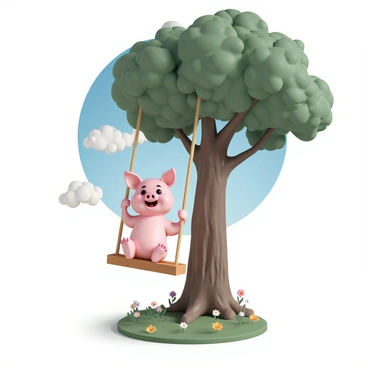 A pink pig, with a shiny coat and a cheerful expression, is swinging joyfully from a sturdy rope swing hanging from a large, textured oak tree. The tree has a thick trunk and a full, green canopy that provides shade, with sunlight filtering through the leaves, creating dappled patterns on the ground. The background features a bright blue sky with a few fluffy white clouds. The grass below is lush and green, scattered with colorful wildflowers, enhancing the lively summer atmosphere. The pig is holding onto the ropes of the swing with both front hooves, its ears flapping in the breeze as it swings back and forth.