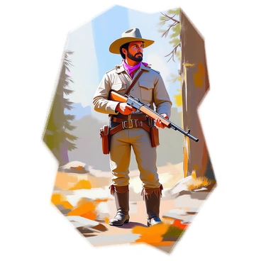 Davy Crockett stands proudly, holding a rifle in one hand. He has a determined expression on his face, showcasing his rugged features and deep-set eyes. He is dressed in a classic frontiersman outfit, complete with a coonskin cap, a fringed leather jacket, and sturdy boots. The setting is an outdoor landscape, with tall trees and a hint of mountains in the background. His posture conveys confidence and readiness, as he gazes into the distance.