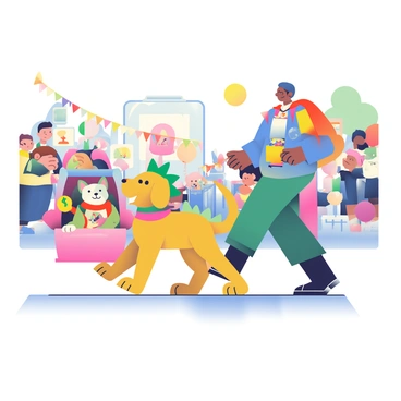 A small golden retriever wearing a colorful dragon costume is being walked down a bustling parade route. Next to it, a fluffy white cat dressed as a dinosaur sits in a stylish pet carrier, peeking out. A cheerful Chihuahua wearing a bright superhero cape is being held by its owner, who is wearing a matching superhero outfit. The parade route is lined with spectators, some holding colorful banners and balloons. In the background, colorful floats and streamers enhance the festive atmosphere. The sun is shining brightly, casting playful shadows on the ground.
