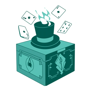 A teal magician's box is intricately designed with ornate carvings and hidden compartments. Surrounding the box, multiple white playing cards are floating in mid-air, creating a magical atmosphere. Atop the box, there is a classic black top hat, slightly tilted, as if just placed there. The scene captures a sense of wonder and mystery with the vibrant elements in motion around the box.