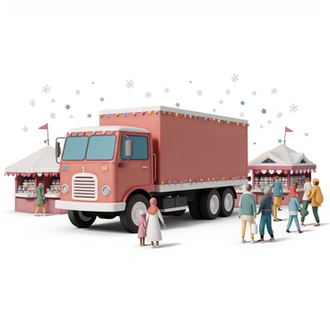 A large truck, painted in bright red with a shiny finish, is parked at a bustling festive market. The truck is adorned with numerous "colorful Christmas lights," twinkling in various hues of blue, green, red, and yellow, draped around its edges and along the sides. Surrounding the truck, there are several stalls decorated with "holiday ornaments," selling festive items like ornaments, scarves, and treats. The scene is filled with people, some bundled up in winter coats and scarves, carrying shopping bags as they stroll through the market, while others admire the truck and take photos. Snowflakes gently fall from the sky, adding to the festive atmosphere.