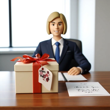A client with short blond hair and wearing a tailored navy suit is sitting at a polished wooden desk. In front of them is a beautifully wrapped corporate gift, adorned with a shiny red ribbon and a decorative tag. The gift is placed on a cream-colored box with a glossy finish. Next to the gift, there is a neatly folded thank-you note, written in elegant cursive, expressing gratitude. The background features a modern office setting with a large window allowing natural light to illuminate the scene.
