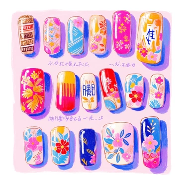 A vibrant display of traditional nail designs from various cultures around the world is showcased. Each nail features intricate patterns and colorful details that reflect the unique styles of different cultures. One set of nails is adorned with delicate henna patterns, showcasing earthy tones of brown and gold. Another set features bright red lacquer with traditional Chinese characters painted in black. A third set displays geometric patterns inspired by African art, using a mix of vibrant colors. Additionally, there are nails with floral designs typical of Japanese art, incorporating cherry blossoms in soft pinks and whites. Each design is neatly presented on a simple surface, highlighting the beauty and diversity of global nail art traditions.