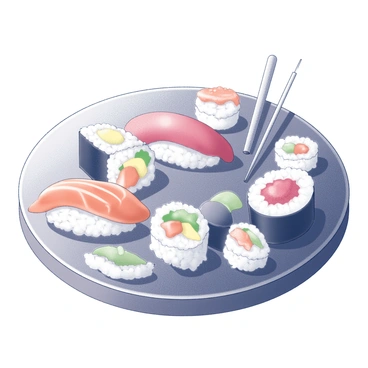A round artist's palette is filled with various sushi pieces arranged artistically. There are colorful nigiri with different types of fish, including salmon and tuna, alongside maki rolls with seaweed and rice. The sushi is displayed in neat portions, resembling paint blobs on a traditional palette. A pair of chopsticks rests gently on the side of the palette, ready for use. The background is simple, ensuring that the focus remains on the unique sushi palette.