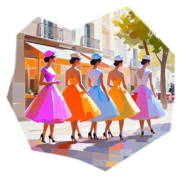 A Parisian street scene features several elegant women dressed in exquisite vintage couture, showcasing a variety of classic styles and vibrant colors. Each woman is wearing a unique, intricately designed dress that reflects the fashion of a bygone era. Their heads are adorned with stylish berets, adding to their sophisticated appearance. The background includes charming Parisian architecture, with wrought iron balconies and ornate details. A few trees line the street, and a small café can be seen in the distance, completing the picturesque urban landscape.