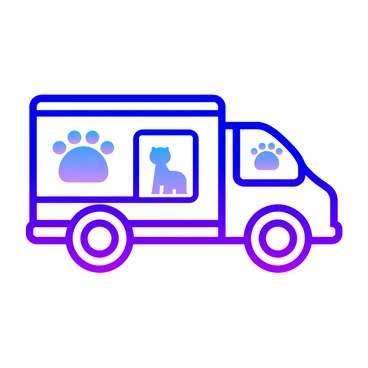 A truck icon featuring an animal rescue theme, adorned with paw prints and images of various animals such as a dog and a cat.
