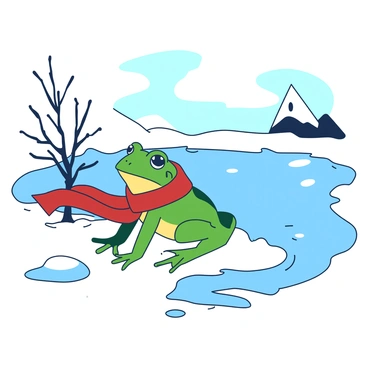 A green bullfrog wearing a small red scarf is perched on a patch of snow by a frozen pond. The bullfrog is facing towards the viewer, with its wide eyes open and alert. The pond is covered in a layer of ice, reflecting the muted light of a cloudy sky above. Surrounding the pond are patches of snow and a few bare branches of trees, adding to the winter scenery. The scarf wraps snugly around the bullfrog's neck, contrasting against its green skin.
